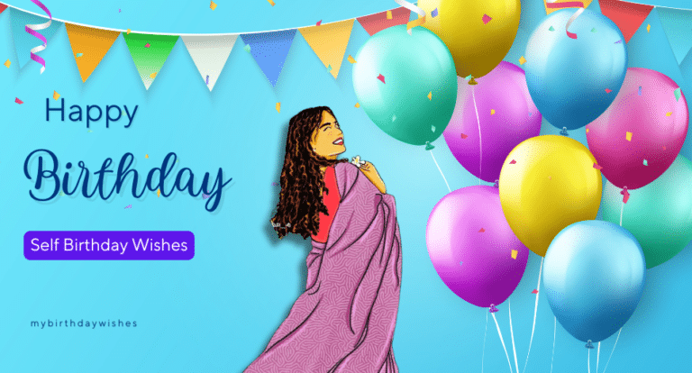 Colorful self birthday wishes image with balloons, bunting, and a smiling woman."