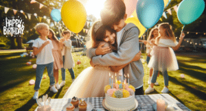 Brother and sister hugging at a joyful outdoor birthday party with balloons and cake. Perfect for birthday wishes for Bhai.