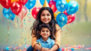 Joyful birthday wishes for little your brother, sitting on sister's lap, smiling, surrounded by balloons and confetti.